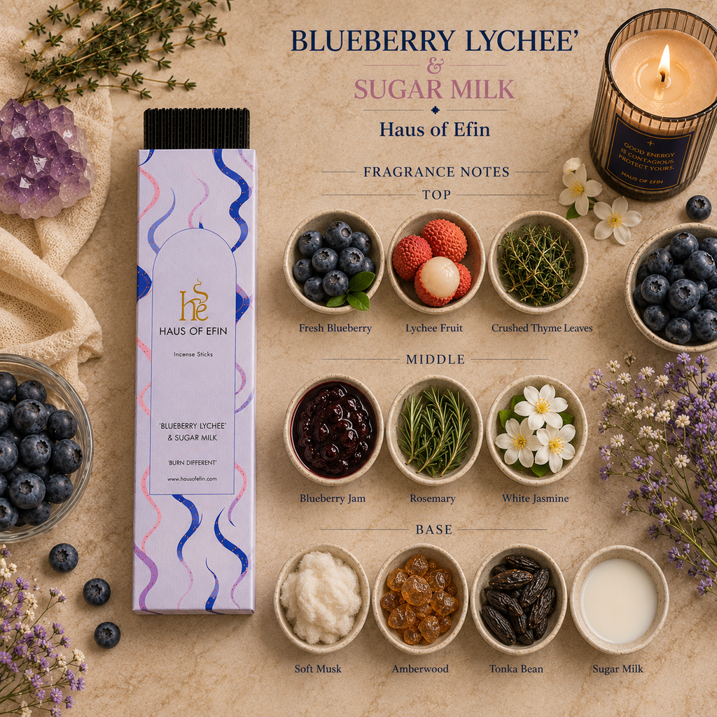 Fragrance stick packaging with fragrance notes displayed on a textured surface with berries and flowers.
