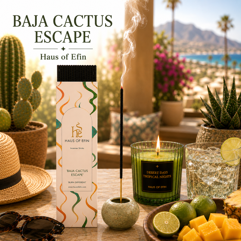 Candle and packaging with 'Baja Cactus Escape' branding in a scenic outdoor setting.