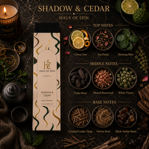 Haus of Efin candle packaging with ingredients and notes on a dark background