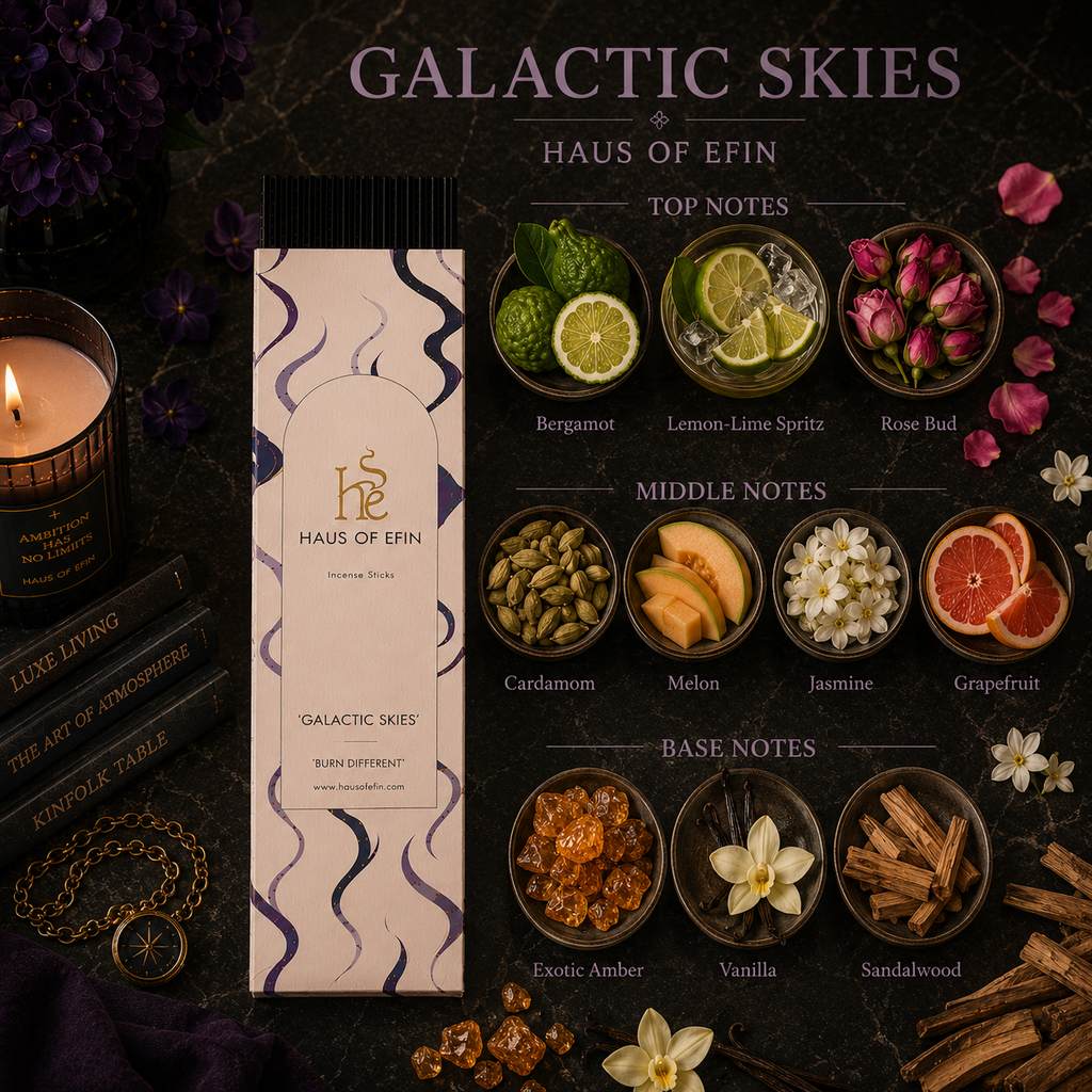Haus of Efin candle packaging with flavor notes displayed on a dark background
