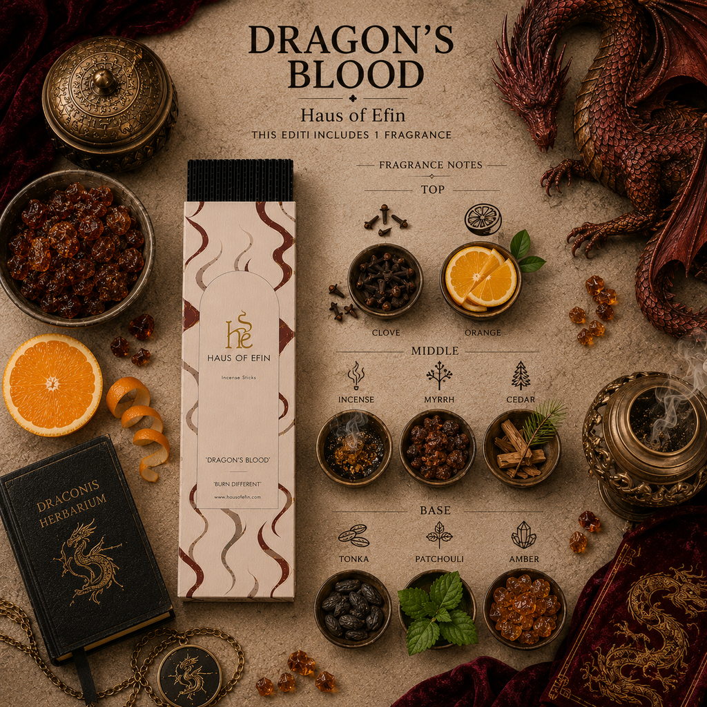Dragon's Blood perfume packaging with fragrance notes and ingredients on a textured background