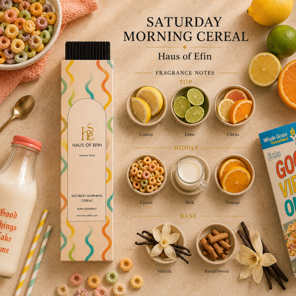 Haus of Efin 'Saturday Morning Cereal' fragrance packaging with cereal-themed elements on a beige background.