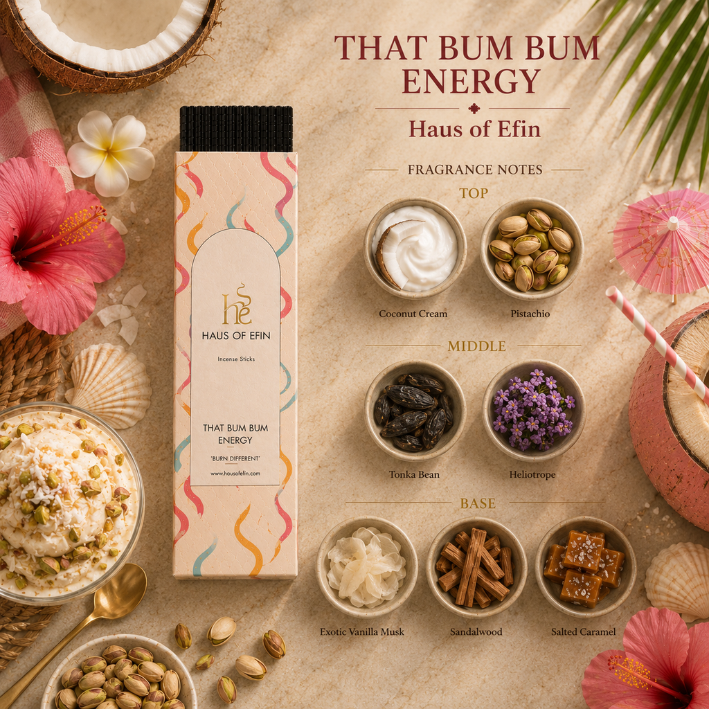Haus of Efin fragrance product with flavor notes displayed on a decorative background