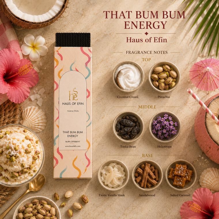 Haus of Efin fragrance product with flavor notes displayed on a decorative background
