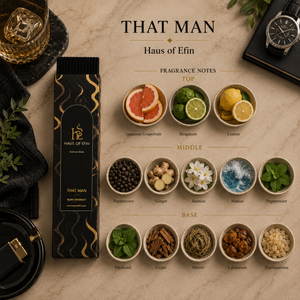 Haus of Efin fragrance packaging with fragrance notes displayed on a textured surface.